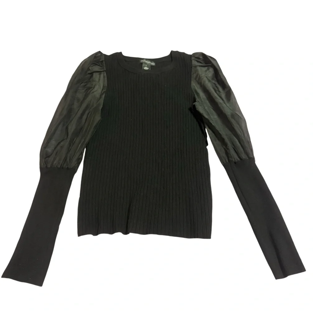 Chic 🖤 Black Ribbed Sweater w/ Chiffon Sleeves | Size Large - Picture 2 of 3